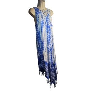Ingear resort blue tie dye fringe cover up dress tie front
